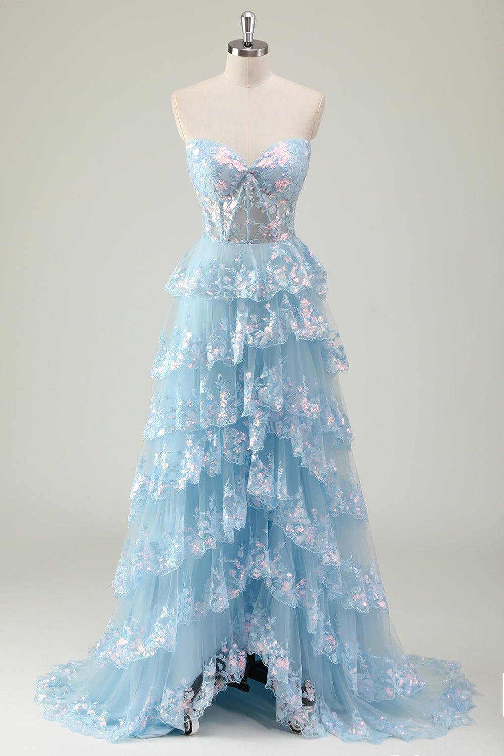 Sparkly Blue Strapless Ruffled Corset Long Prom Dress