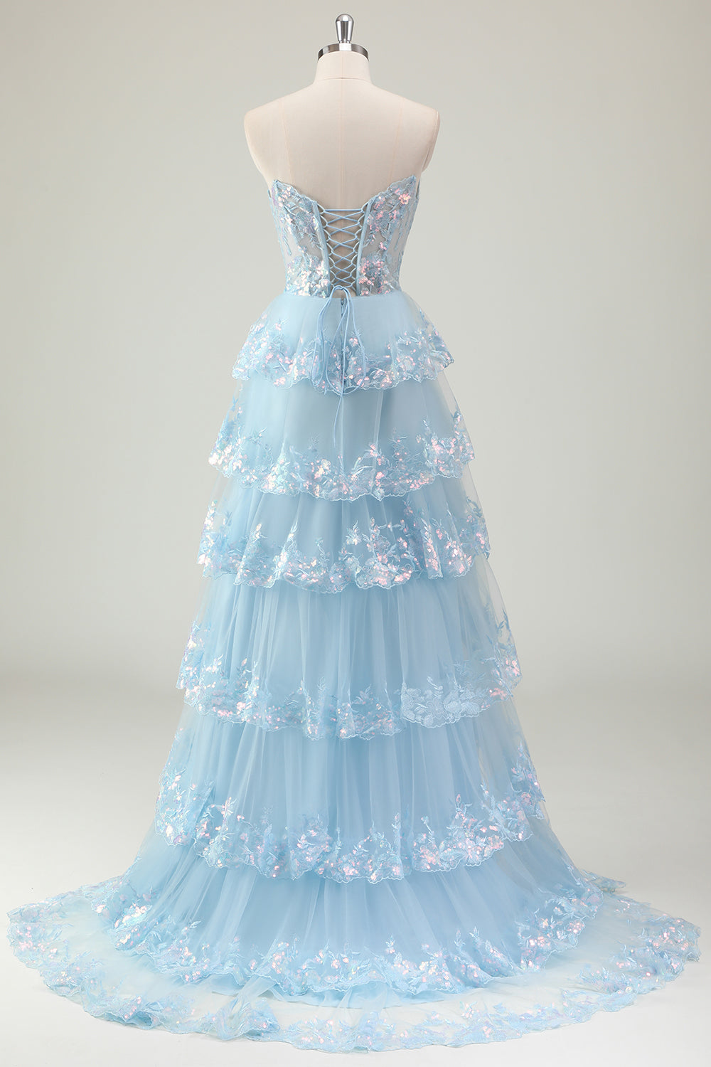Sparkly Blue Strapless Ruffled Corset Long Prom Dress