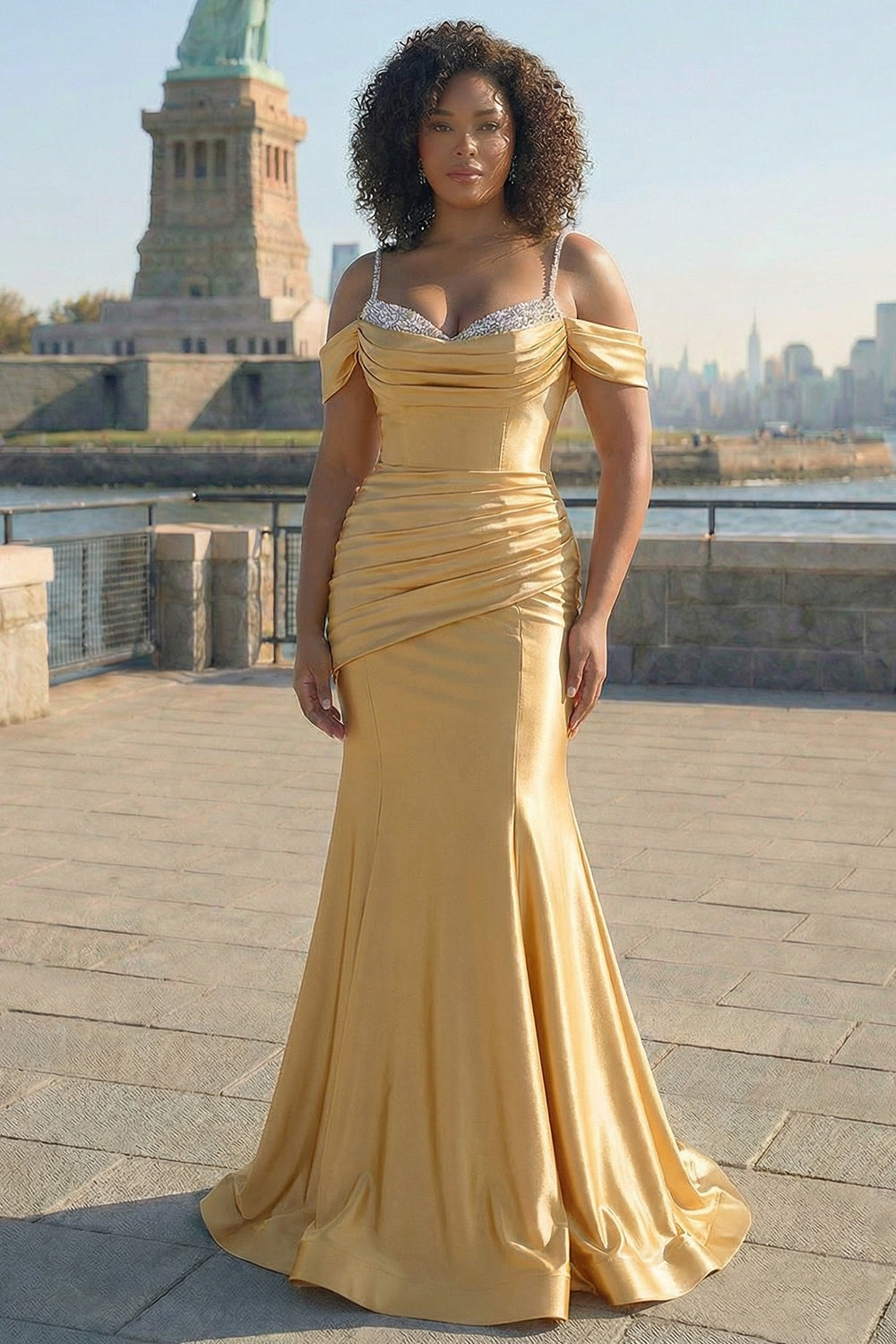 Pink Satin Cold Shoulder Mermaid Long Prom Dress