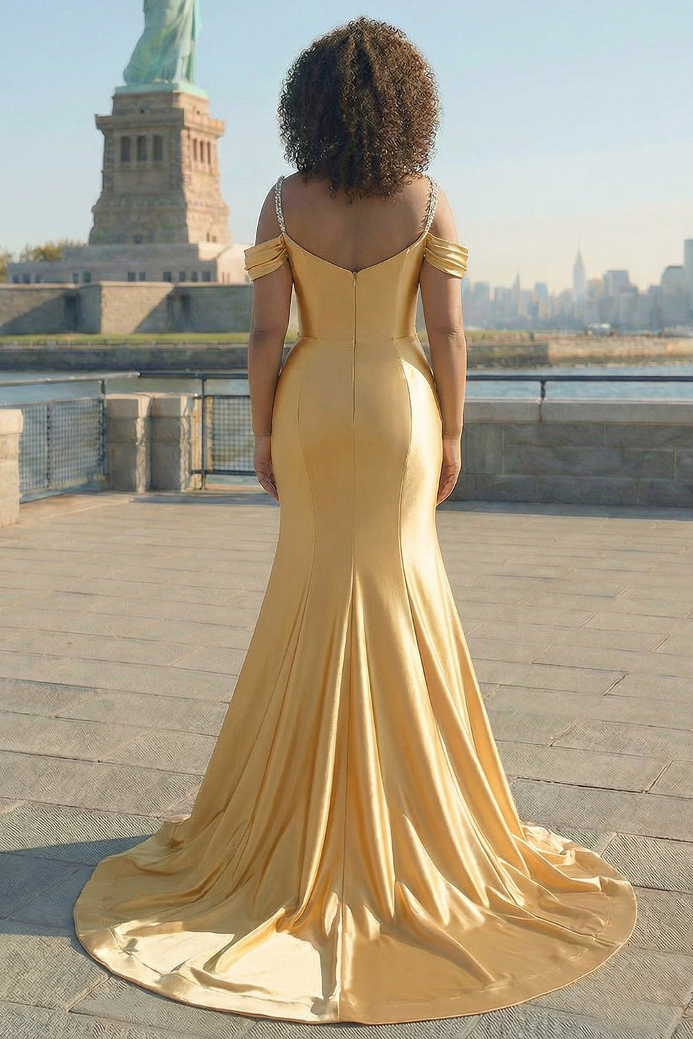 Pink Satin Cold Shoulder Mermaid Long Prom Dress