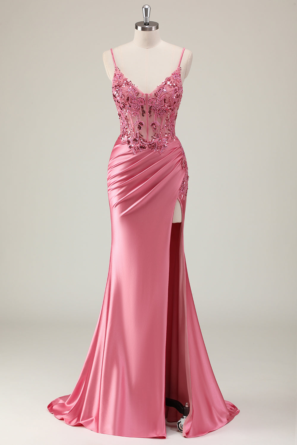 Plus Size Sparkly Coral Satin Mermaid Long Corset Prom Dress with Slit