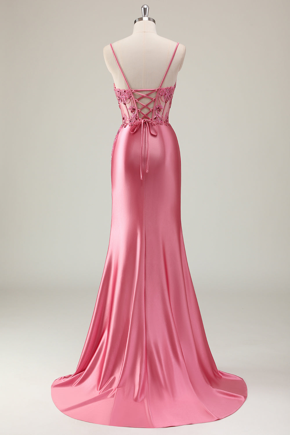 Plus Size Sparkly Coral Satin Mermaid Long Corset Prom Dress with Slit