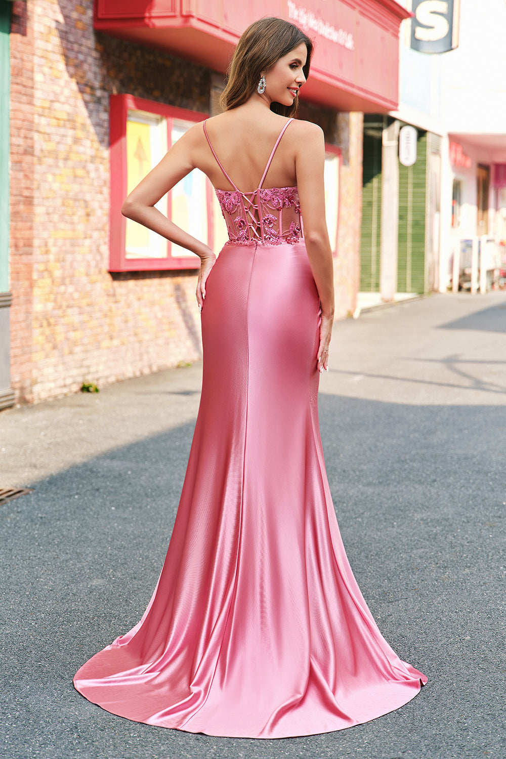 Sparkly Coral Corset Satin Mermaid Long Prom Dress with Slit