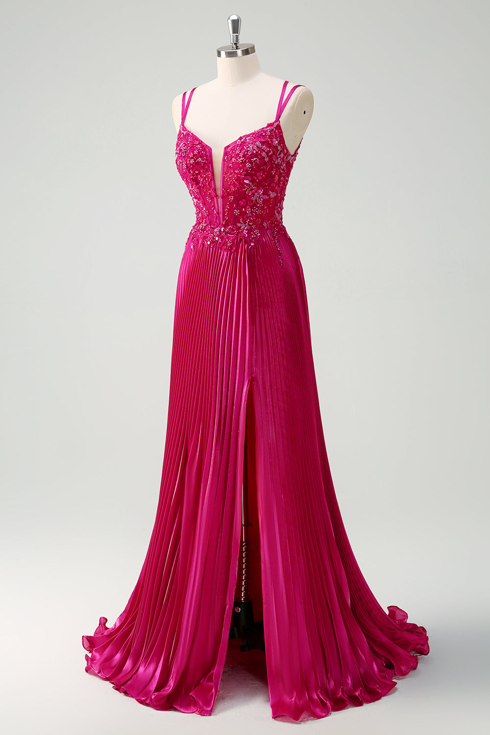 Sparkly Fuchsia A-Line Long Lace Prom Dress with Slit