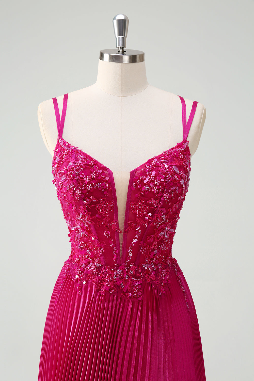 Sparkly Fuchsia A-Line Long Lace Prom Dress with Slit