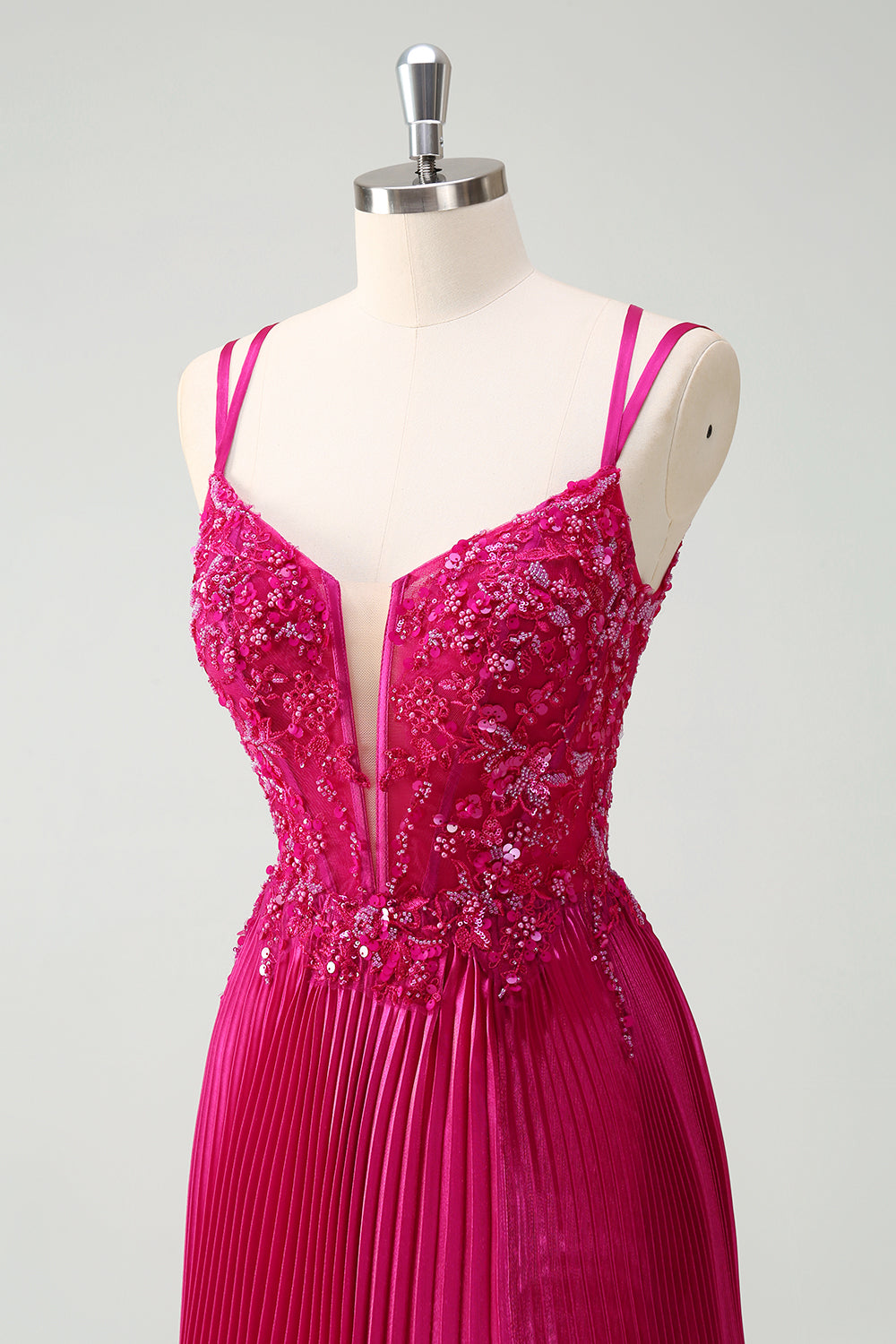 Sparkly Fuchsia A-Line Long Lace Prom Dress with Slit