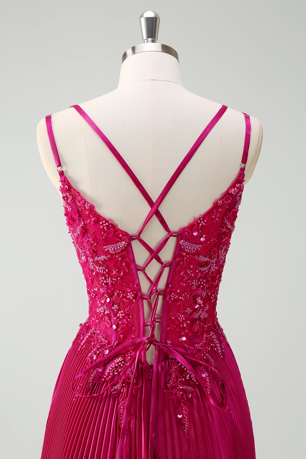 Sparkly Fuchsia A-Line Long Lace Prom Dress with Slit