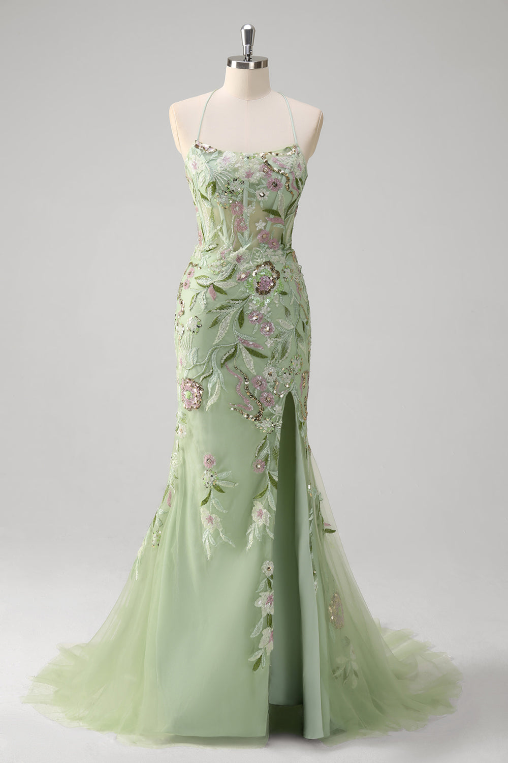 Green Plus Size Floral Mermaid Appliqued Long Corset Prom Dress with Slit