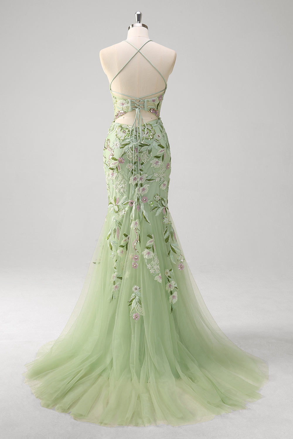 Green Plus Size Floral Mermaid Appliqued Long Corset Prom Dress with Slit