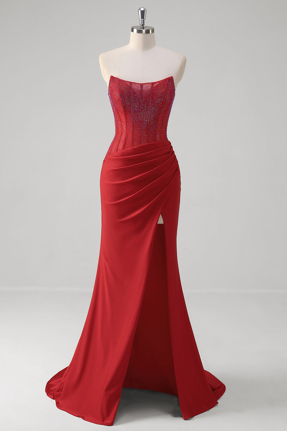 Sparkly Red Mermaid Strapless Satin Prom Dress with Slit