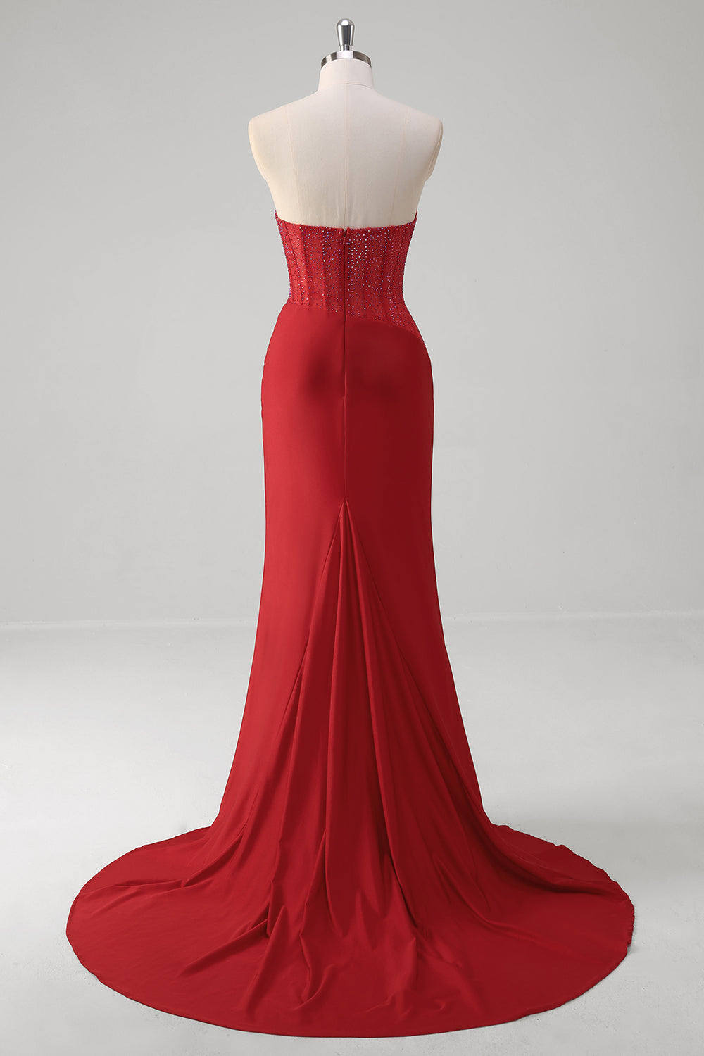 Sparkly Red Mermaid Strapless Satin Prom Dress with Slit