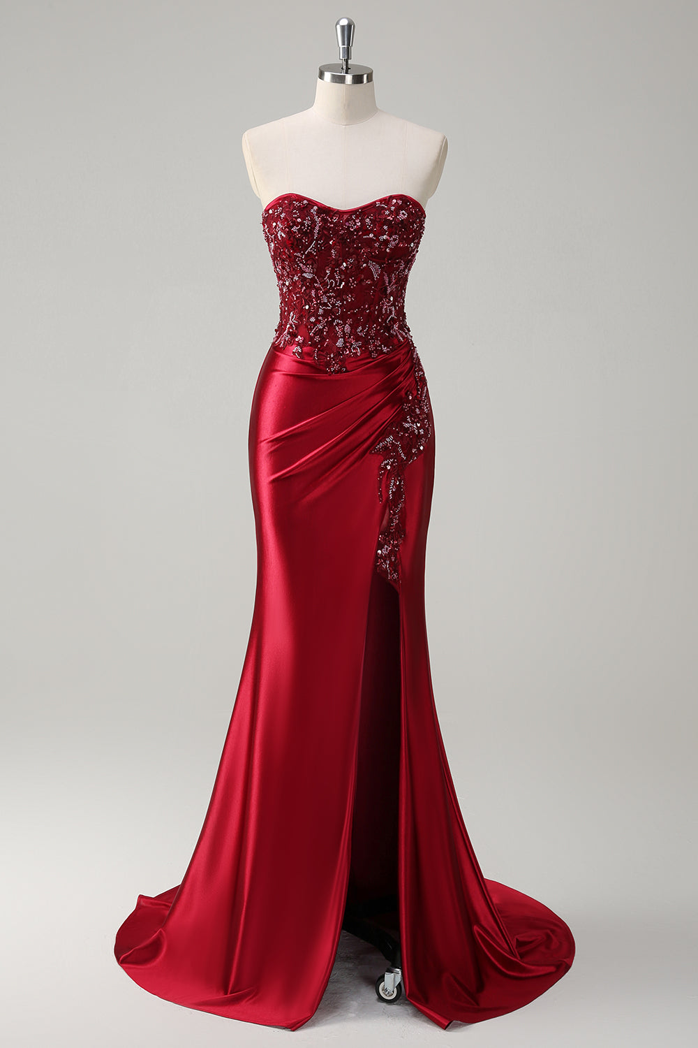 Plus Size Sparkly Burgundy Floral Mermaid Long Corset Prom Dress with Slit