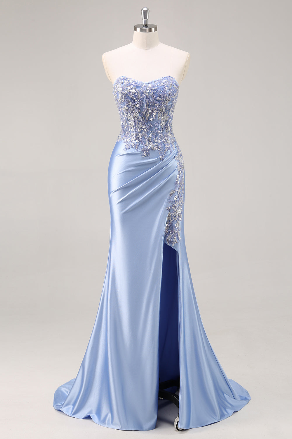 Sparkly Dark Green Corset Satin Mermaid Long Prom Dress with Slit