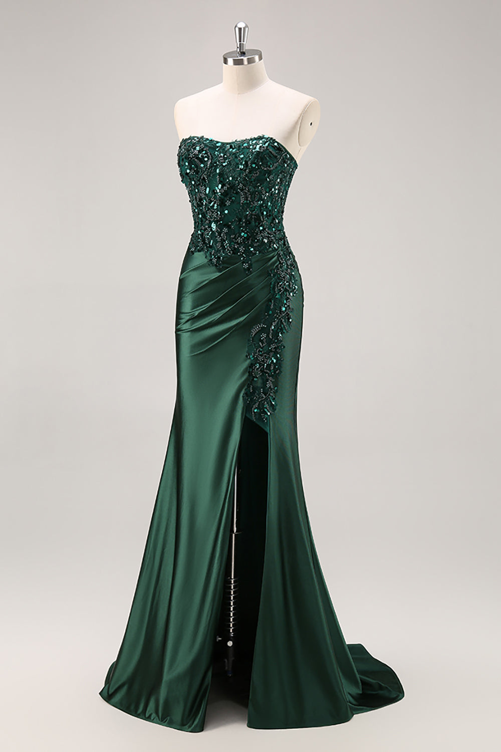 Sparkly Dark Green Corset Satin Mermaid Long Prom Dress with Slit