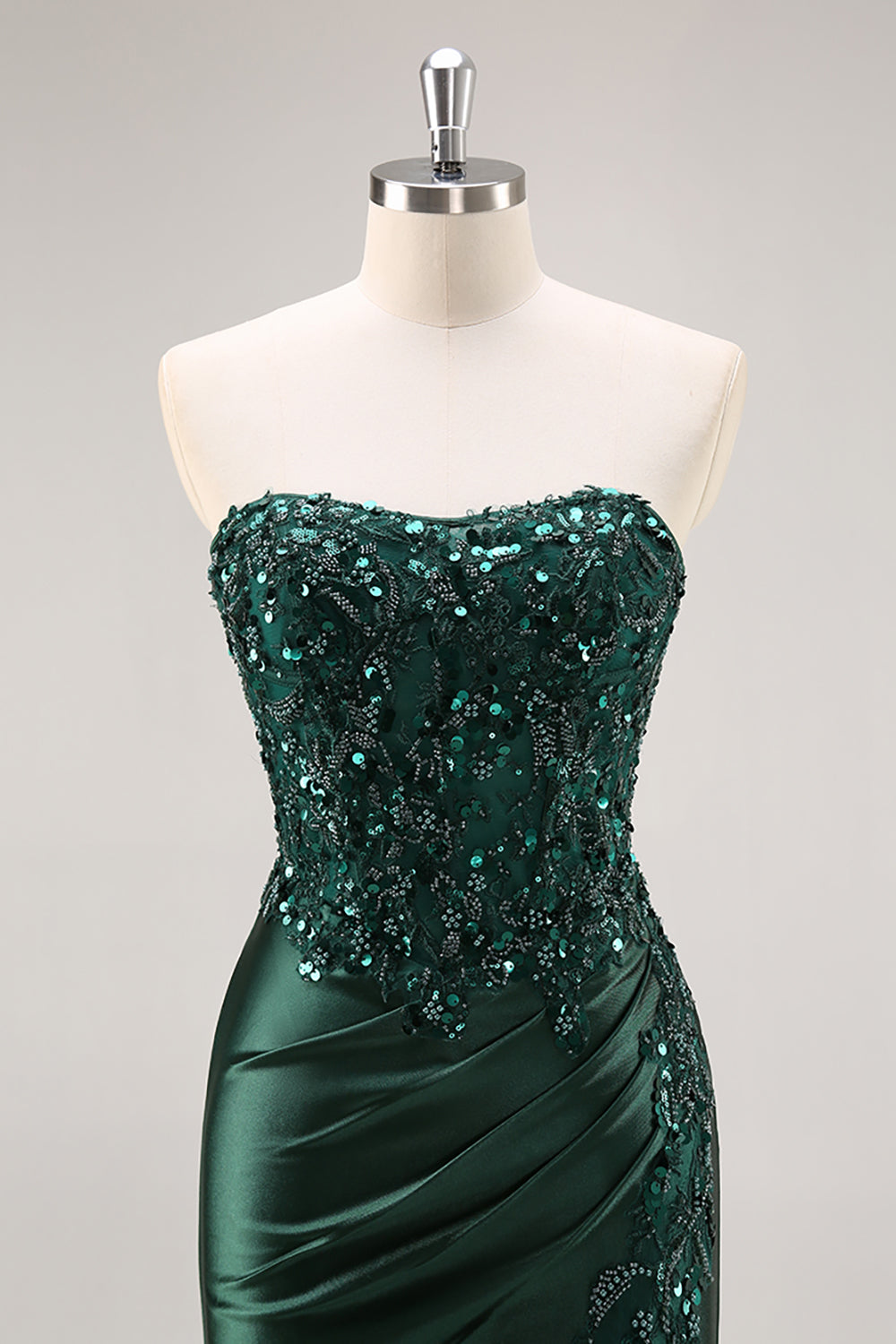 Sparkly Dark Green Corset Satin Mermaid Long Prom Dress with Slit