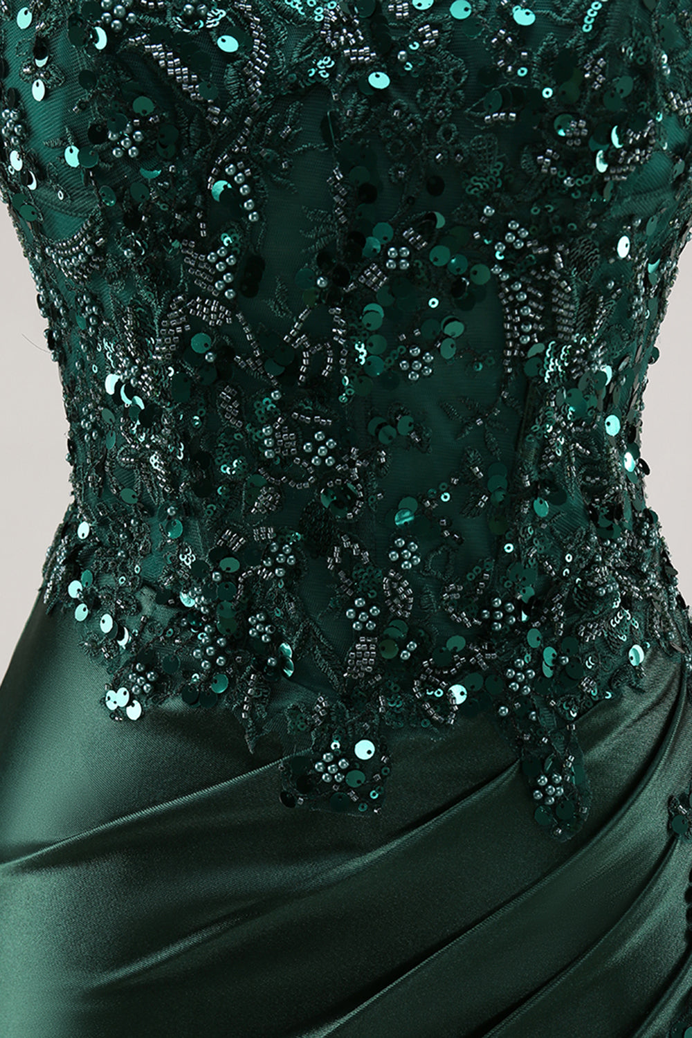 Sparkly Dark Green Corset Satin Mermaid Long Prom Dress with Slit