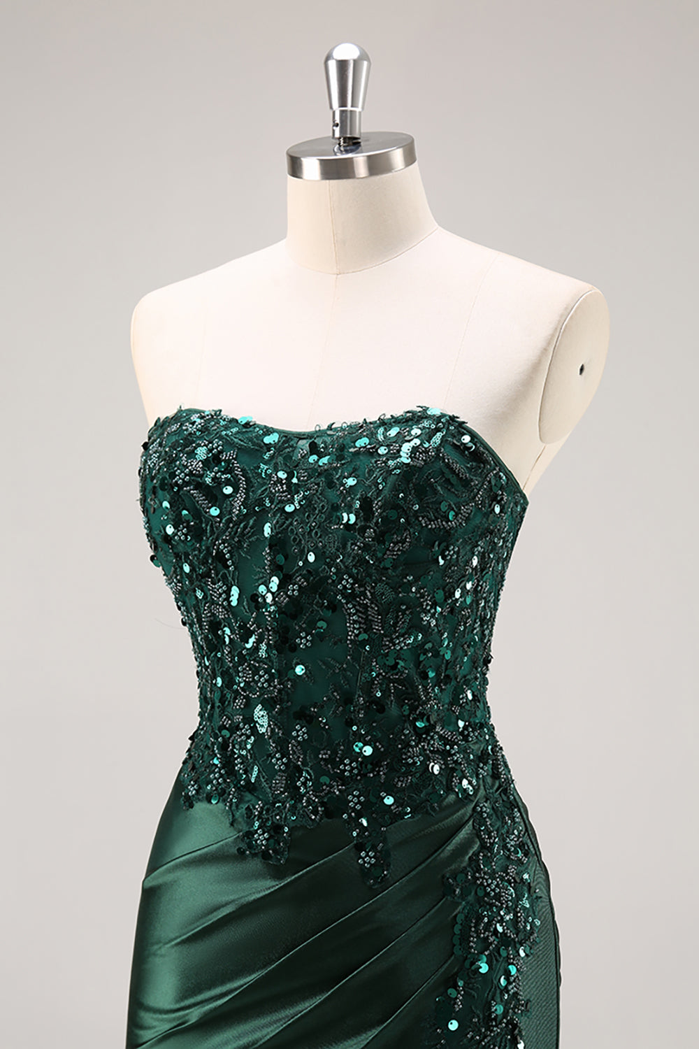 Sparkly Dark Green Corset Satin Mermaid Long Prom Dress with Slit