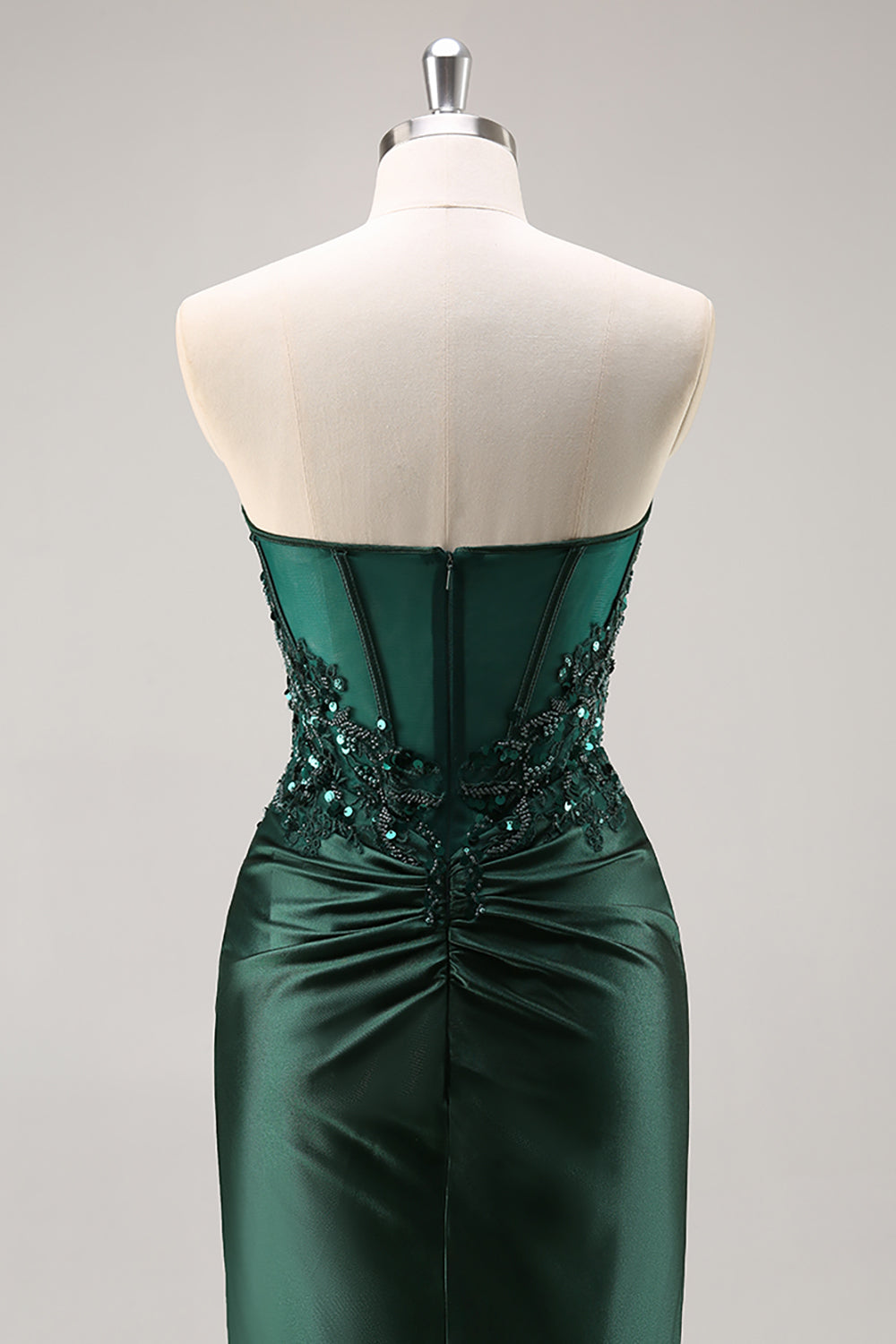 Sparkly Dark Green Corset Satin Mermaid Long Prom Dress with Slit