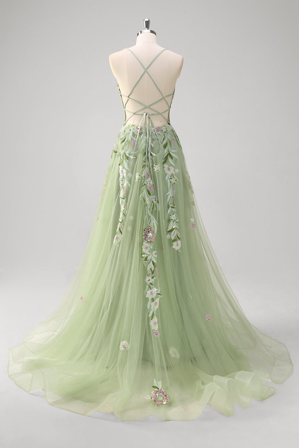 Plus Size Sparkly Green Sequins Embroidered Long Corset Prom Dress With Slit