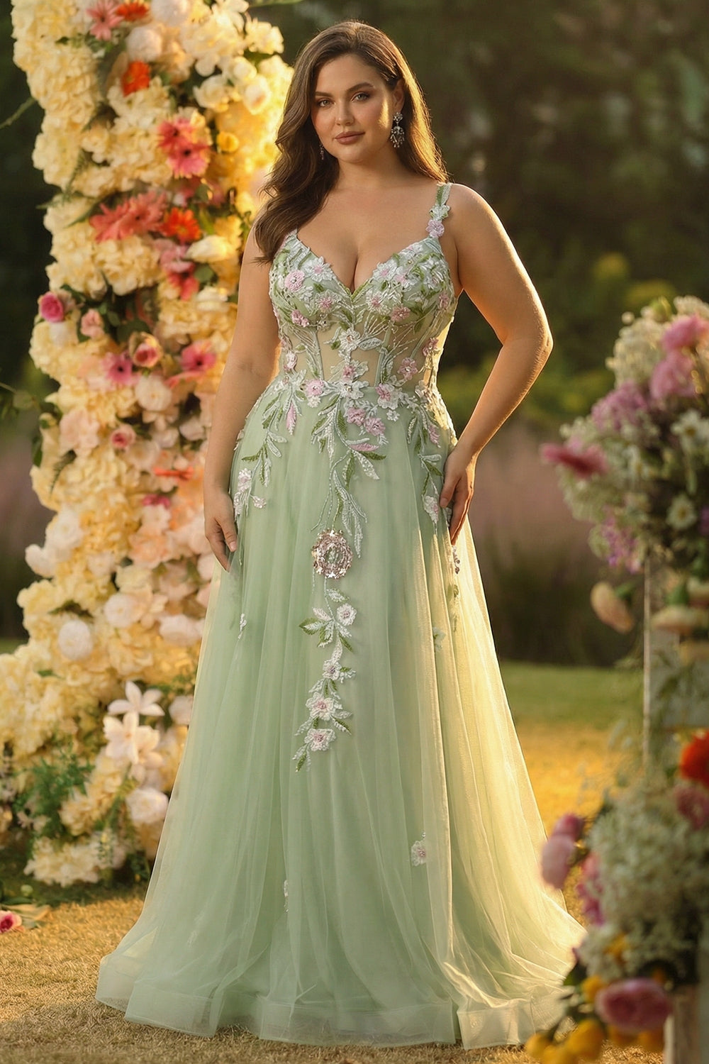 Sparkly Green A Line Sequin Corset Embroidered Long Prom Dress With Slit