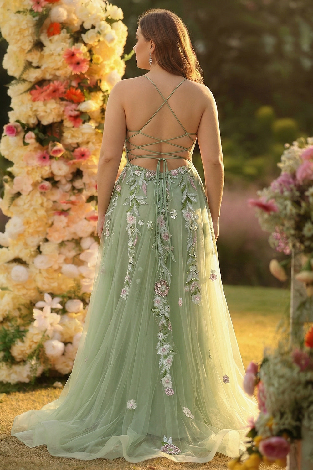 Sparkly Green A Line Sequin Corset Embroidered Long Prom Dress With Slit