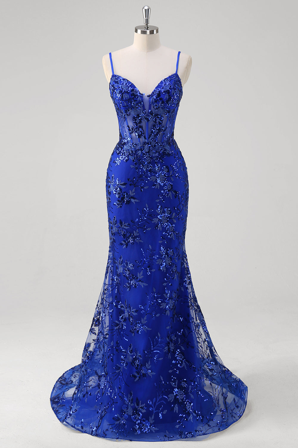 Plus Size Sparkly Mermaid Royal Blue Spaghetti Straps Sequin Long Corset Prom Dress