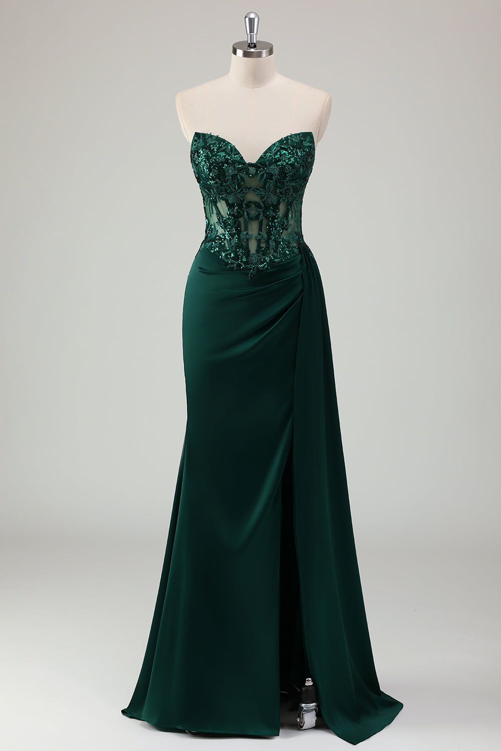 Sparkly Dark Green Plus Size Sheath Long Corset Lace Prom Dress with Slit