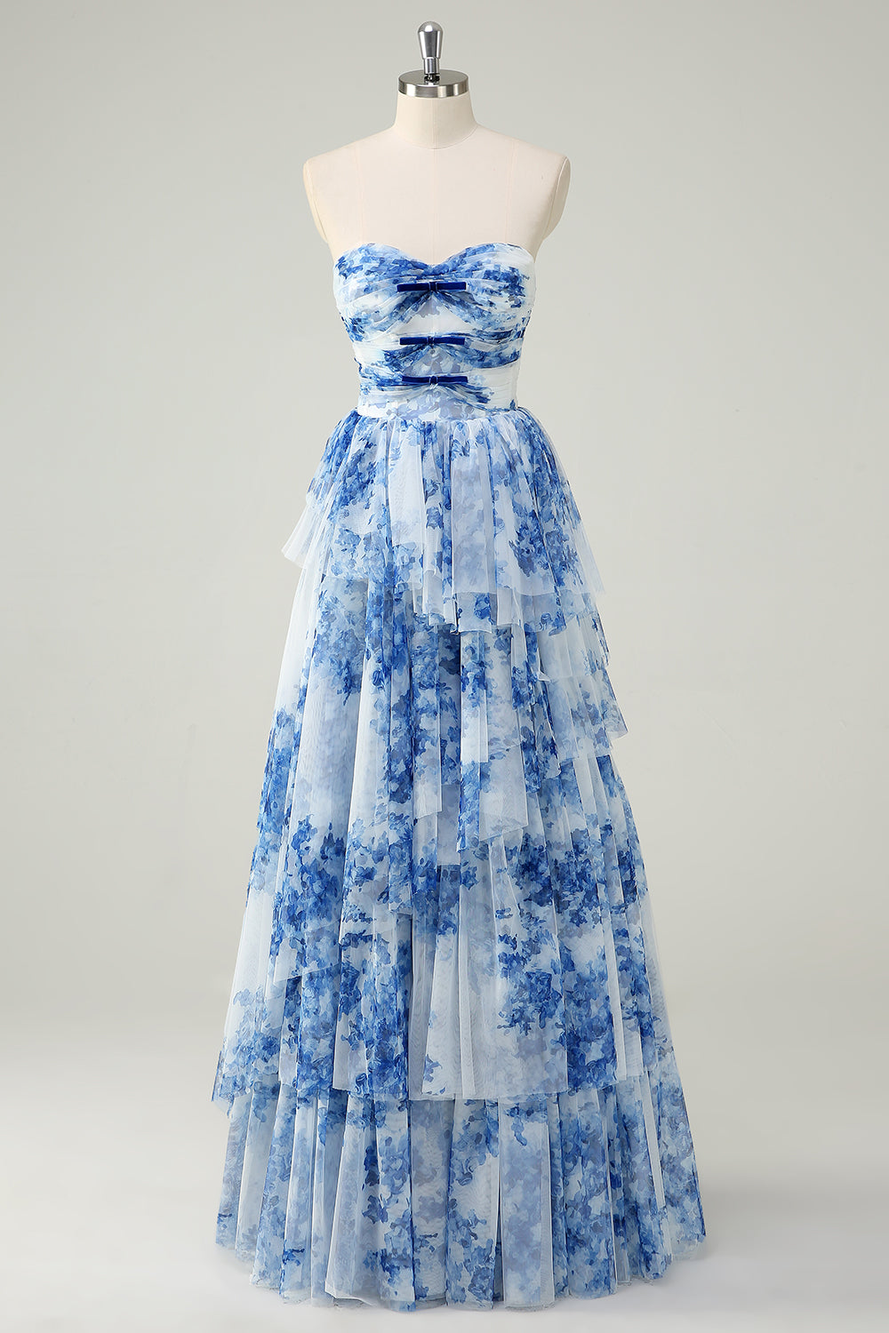 White Blue Floral Floral A-Line Strapless Tiered Long Prom Dress with Bows