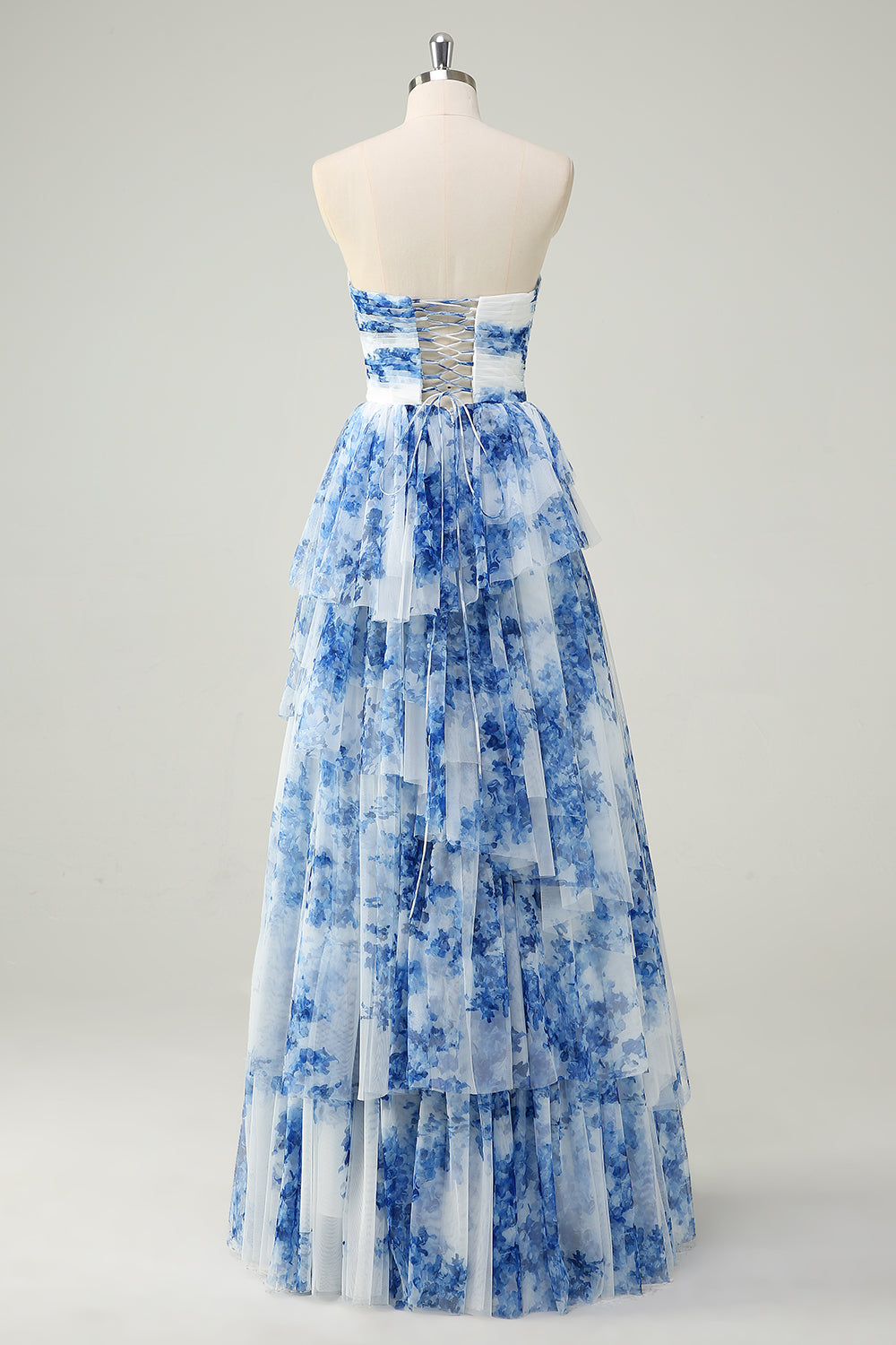 White Blue Floral Floral A-Line Strapless Tiered Long Prom Dress with Bows