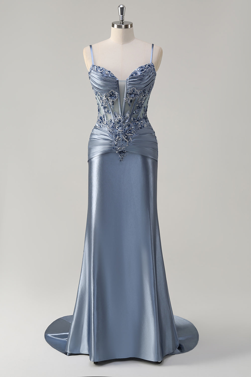 Plus Size Grey Blue Floral Spaghetti Straps Mermaid Long Prom Dress with Appliques