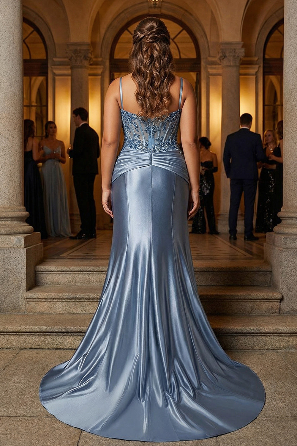 Plus Size Grey Blue Floral Spaghetti Straps Mermaid Long Prom Dress with Appliques