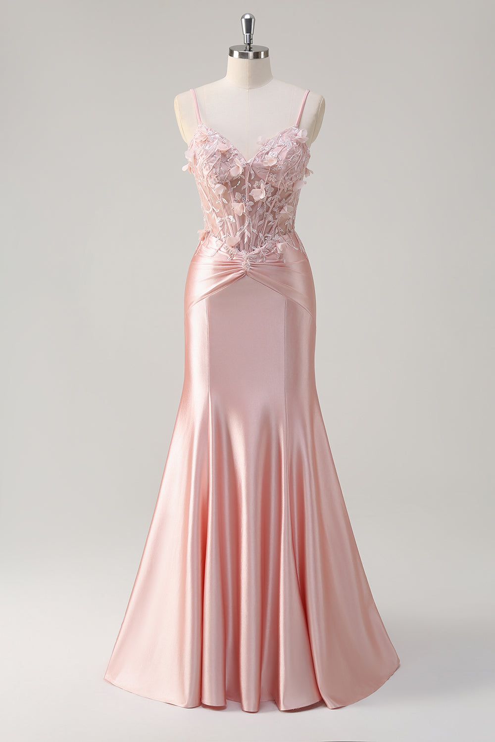 Plus Size Pink Floral Mermaid Satin Spaghetti Straps Beaded Long Prom Dress