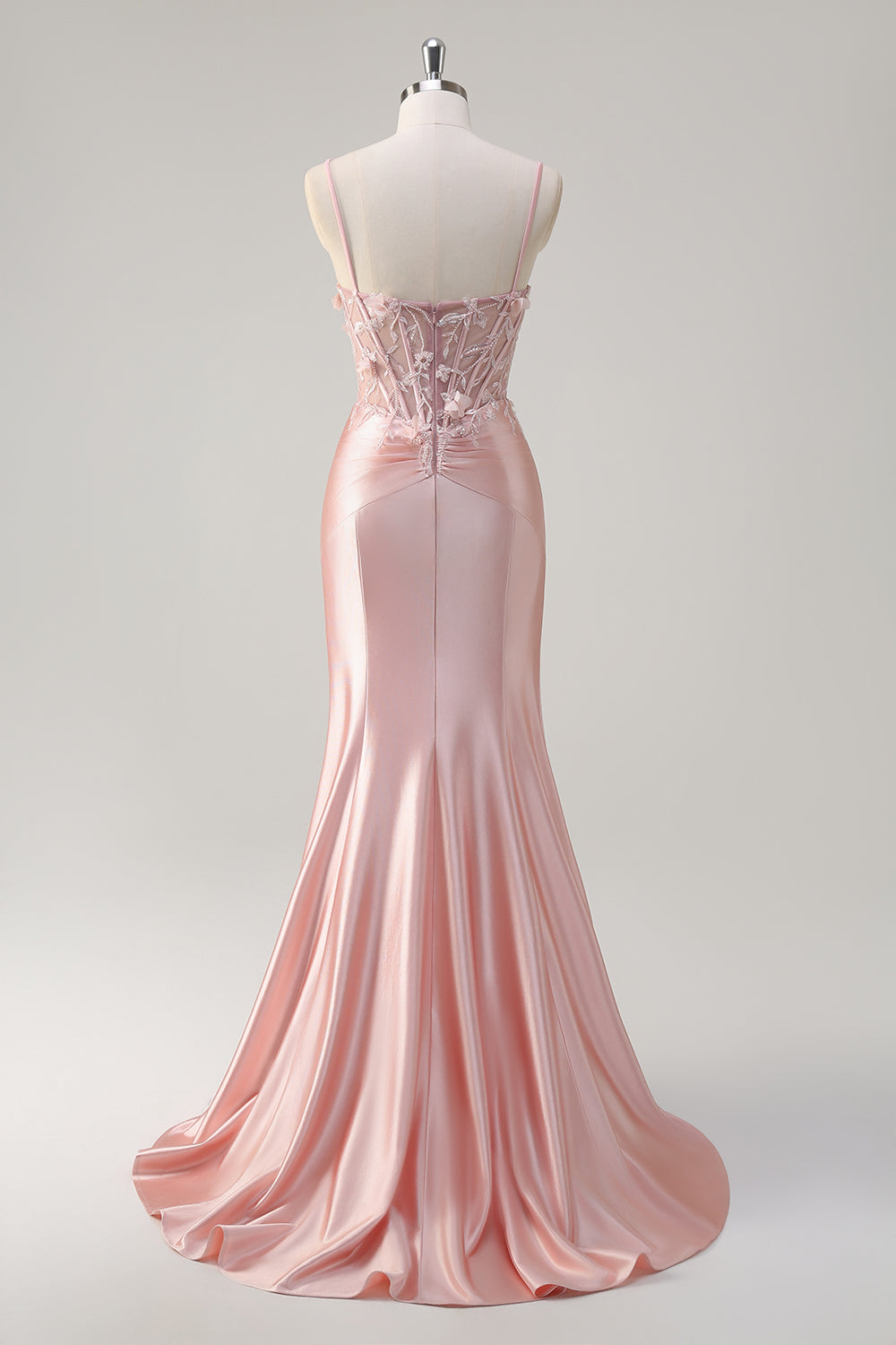 Plus Size Pink Floral Mermaid Satin Spaghetti Straps Beaded Long Prom Dress