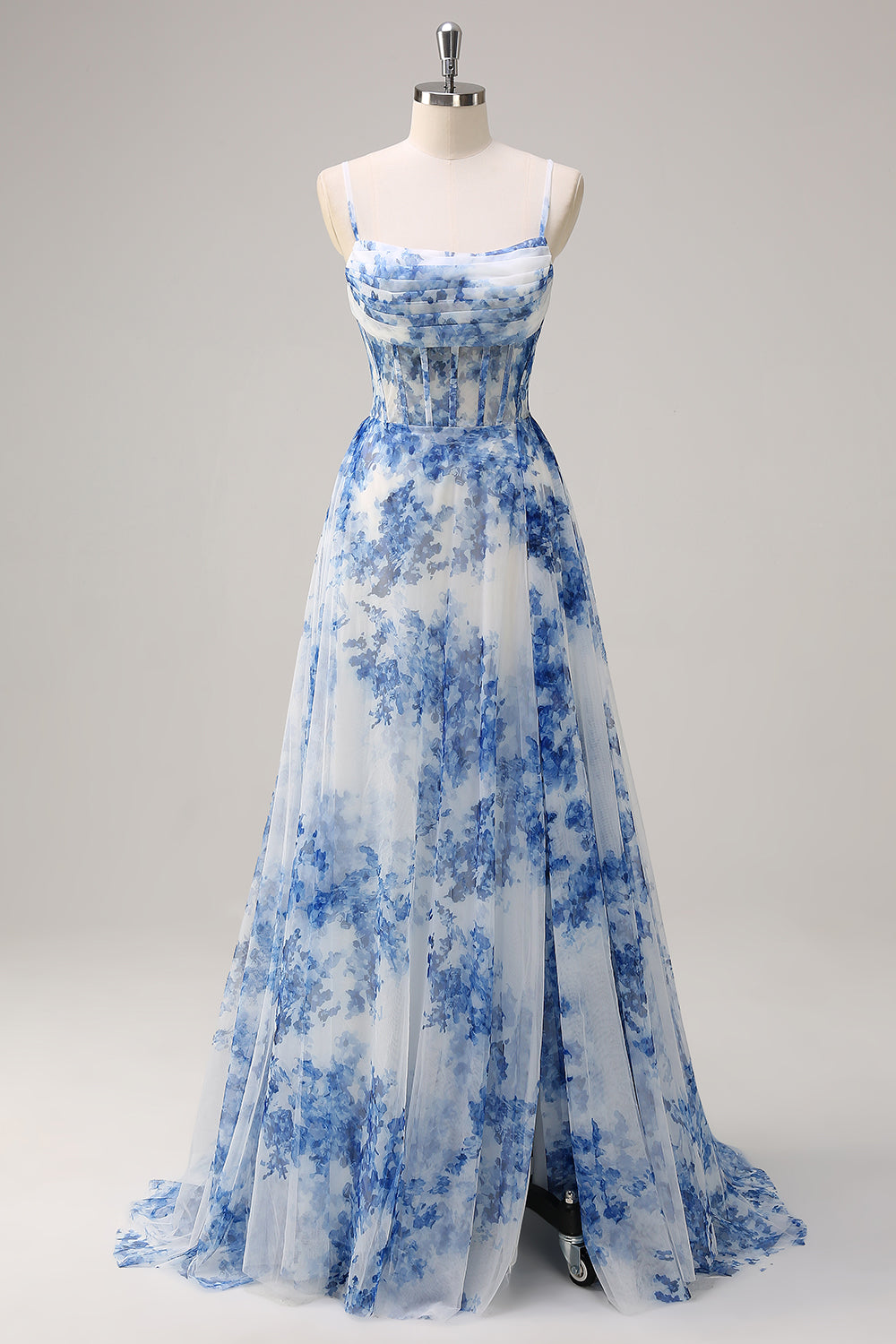White Blue Floral Plus Size Spaghetti Straps Ruched Corset Long Prom Dress With Slit