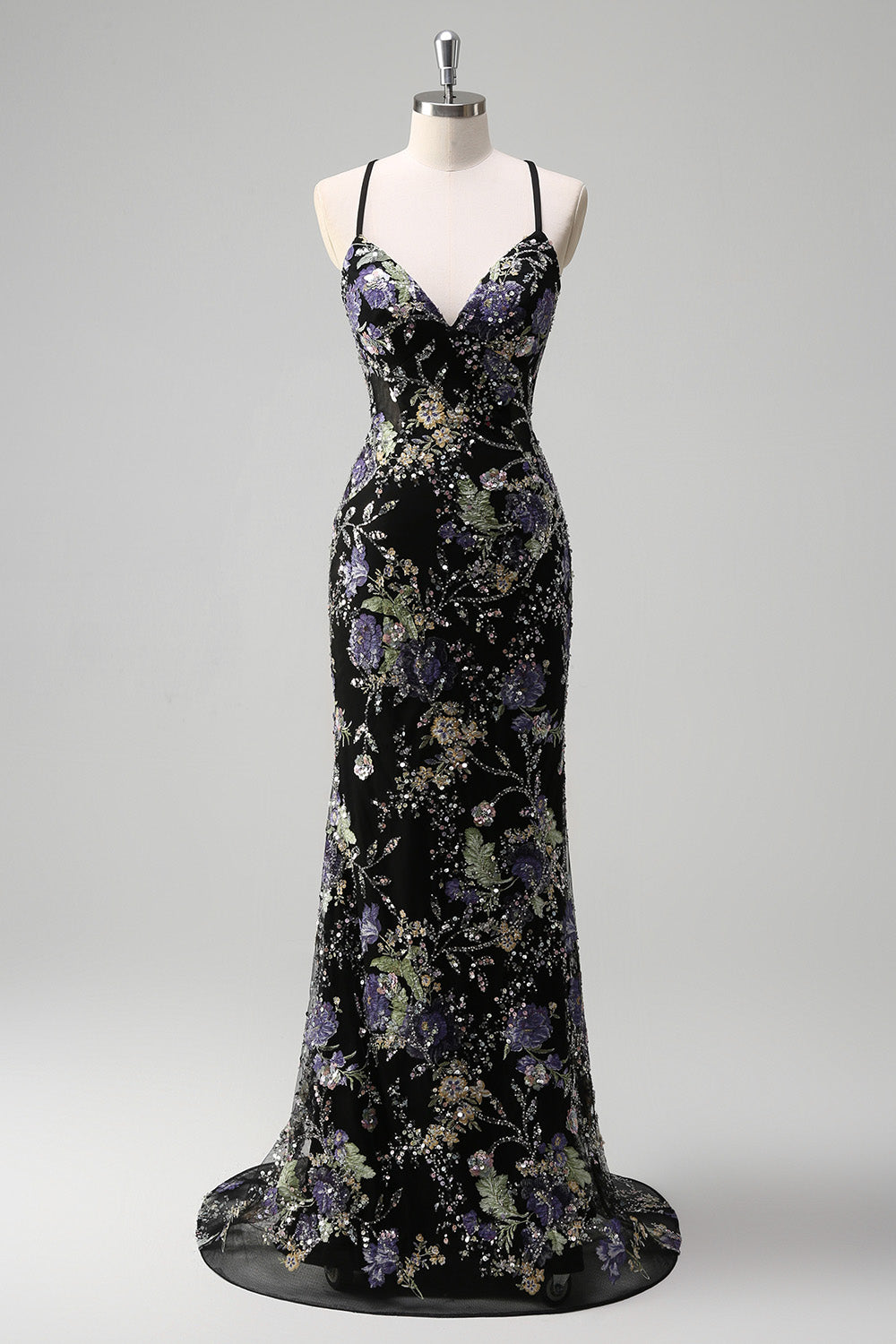 Sparkly Lilac Beaded Floral Mermaid Long Prom Dress with Sequins