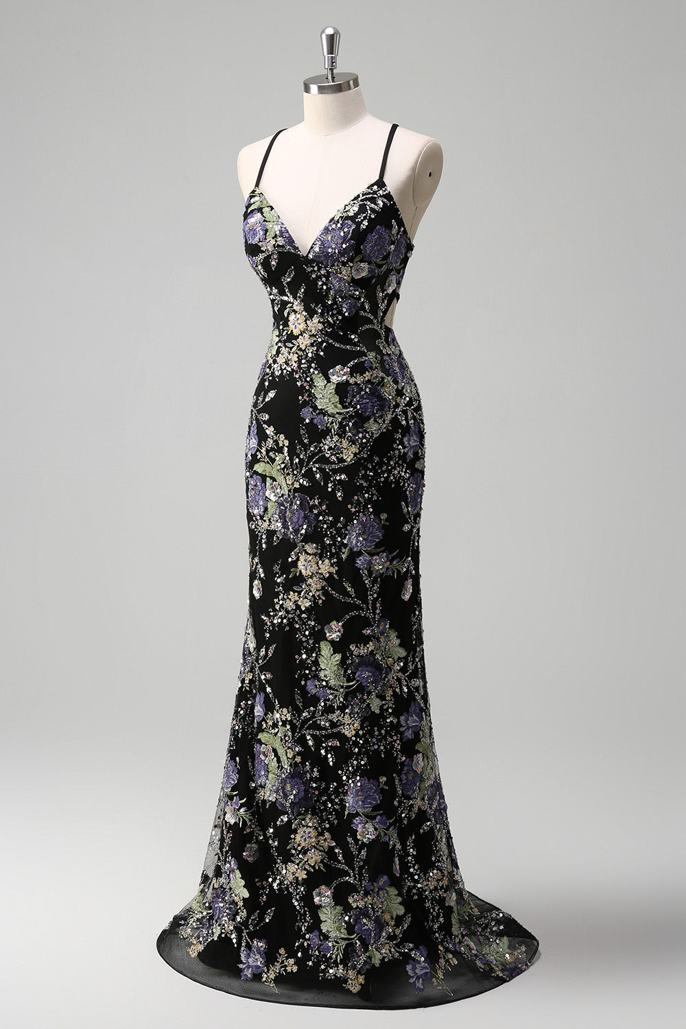 Sparkly Lilac Beaded Floral Mermaid Long Prom Dress with Sequins