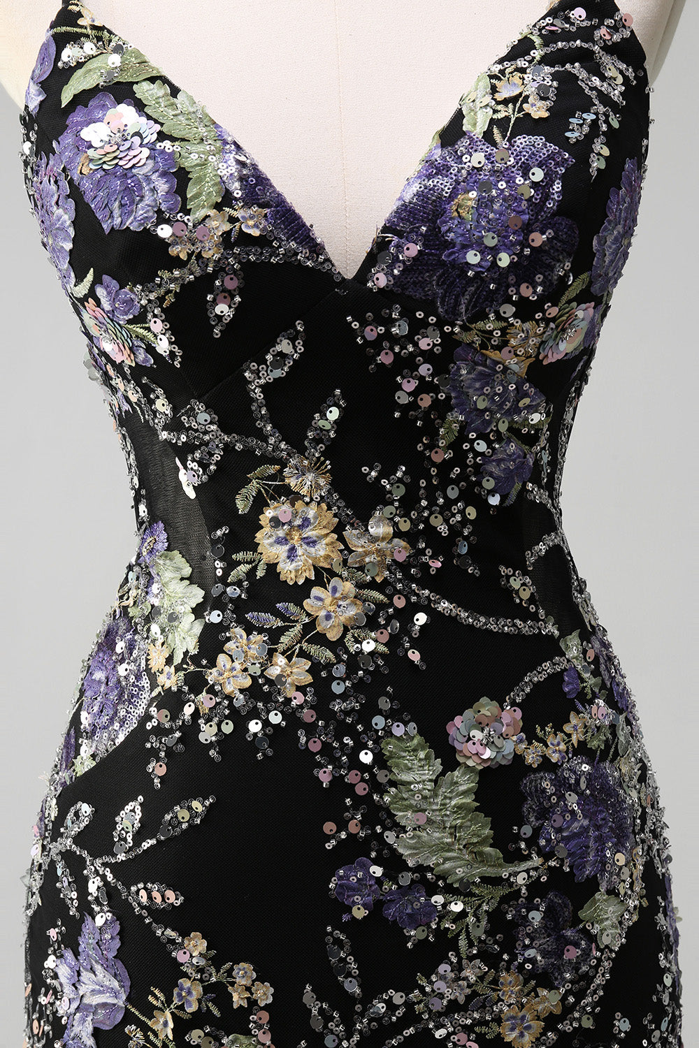 Sparkly Blue Beaded Mermaid Floral Long Prom Dress with Sequins