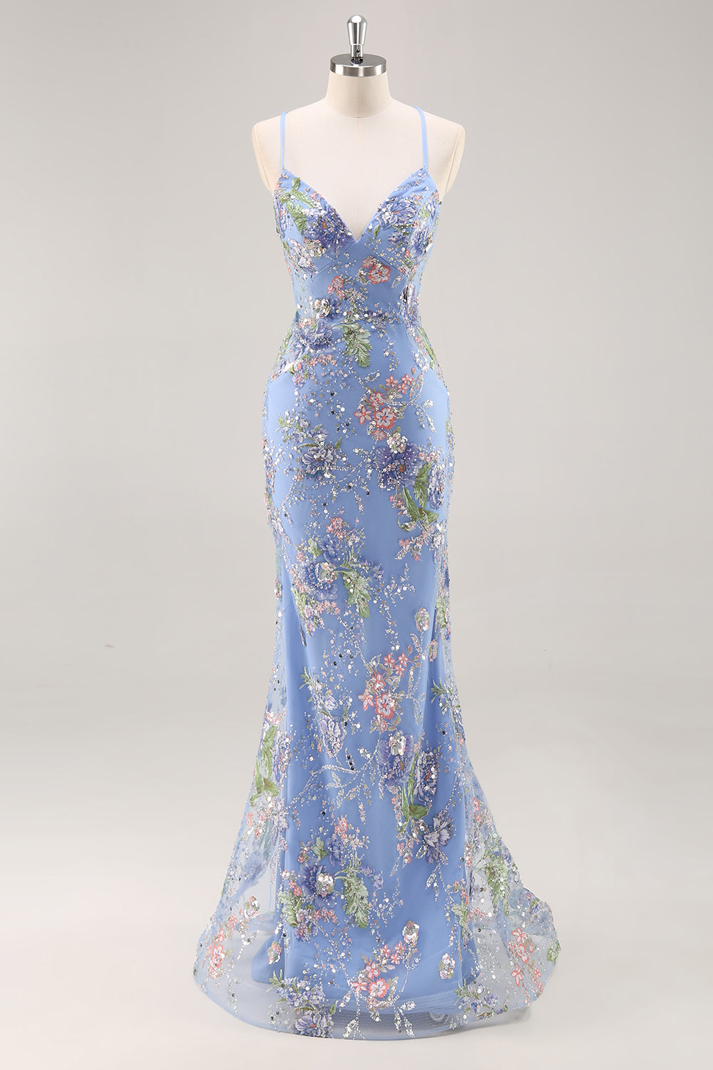 Plus Size Floral Sparkly Blue Beaded Mermaid Long Prom Dress with Sequins