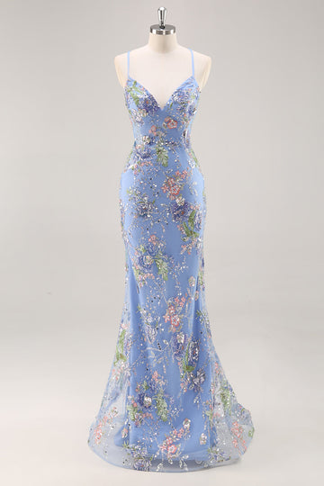 Sparkly Blue Beaded Mermaid Floral Long Prom Dress with Sequins