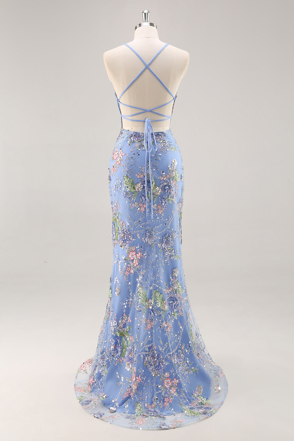 Plus Size Floral Sparkly Blue Beaded Mermaid Long Prom Dress with Sequins