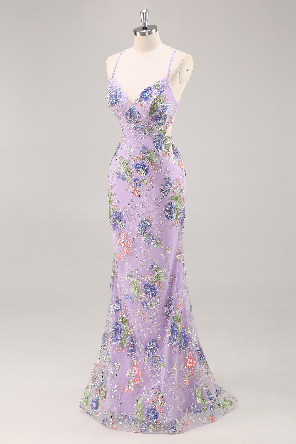 Sparkly Lilac Beaded Floral Mermaid Long Prom Dress with Sequins