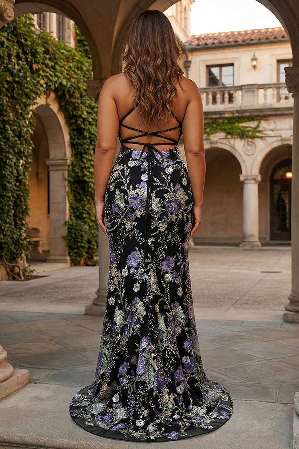 Sparkly Lilac Beaded Floral Mermaid Long Prom Dress with Sequins