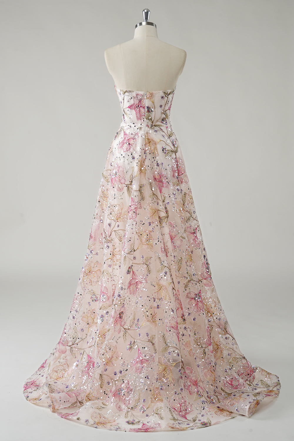 Sparkly Floral Pink Plus Size A Line Strapless Long Prom Dress