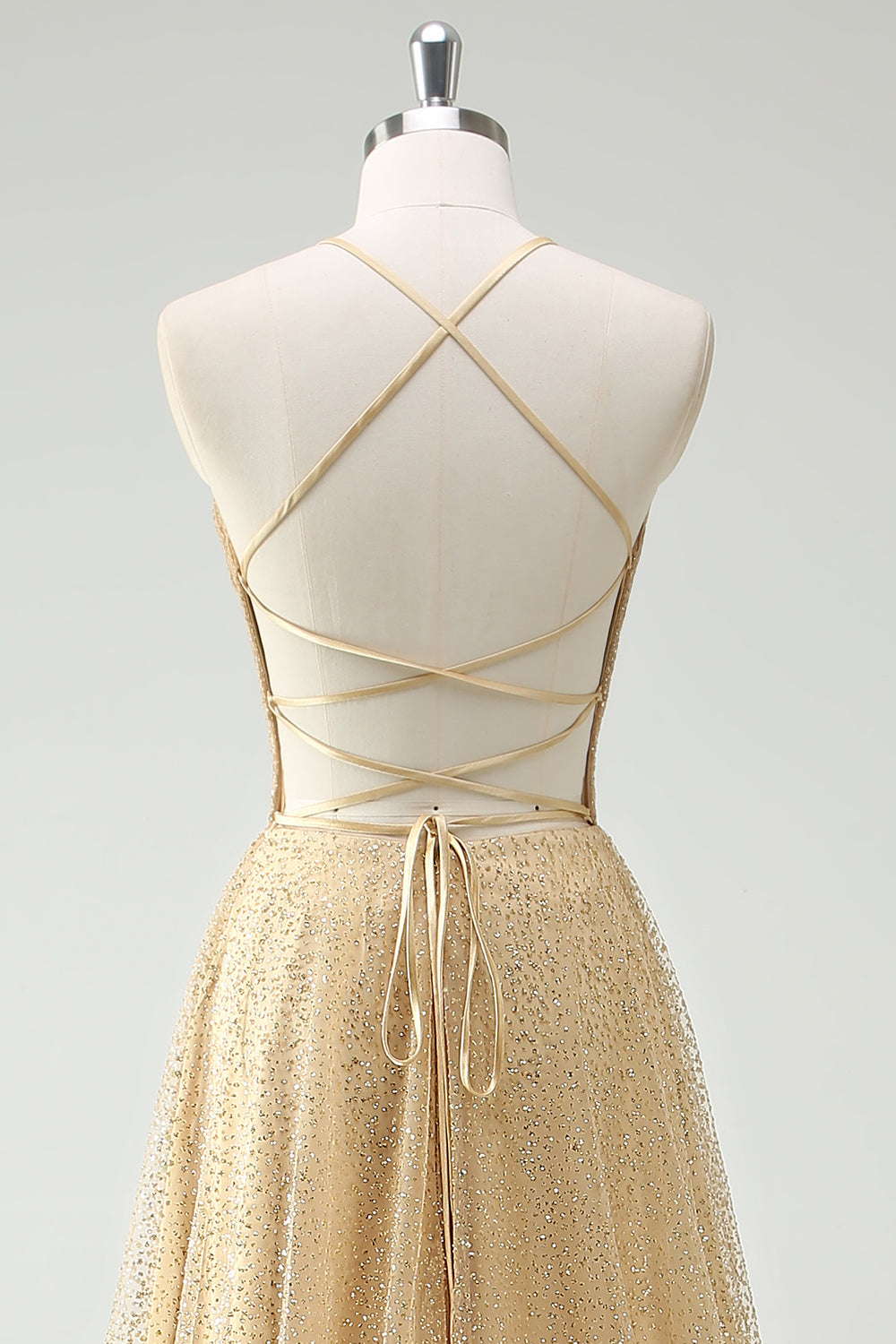 Sparkly V-Neck Golden Corset Long Prom Dress with Slit