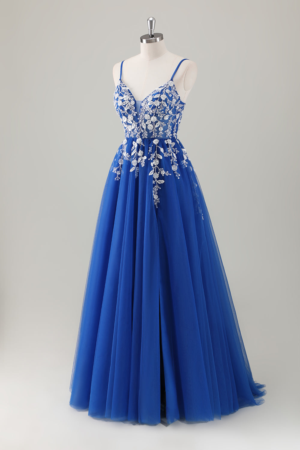 Sparkly Fuchsia Appliqued A-Line Long Prom Dress with Slit
