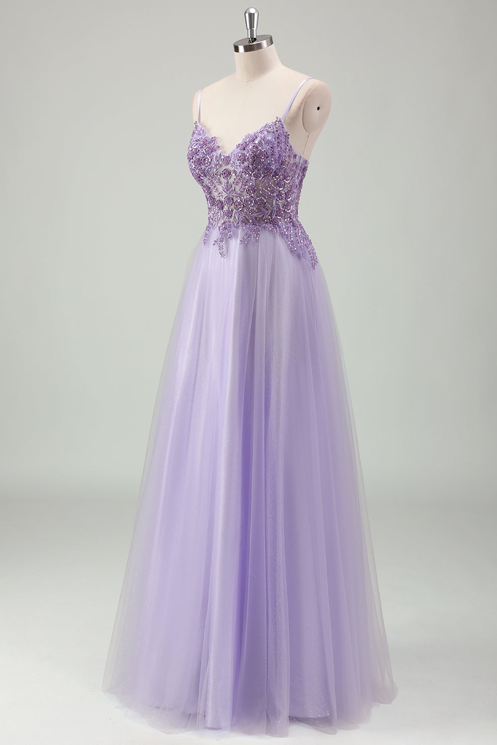 Sparkly Purple Spaghetti Strap Long Prom Dress with Lace