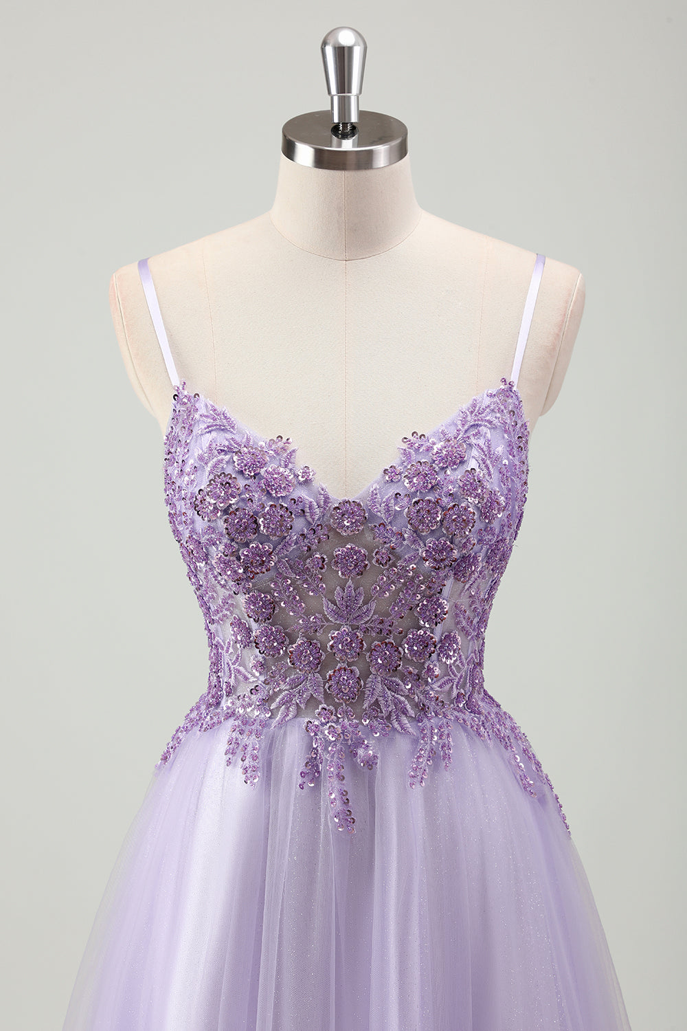 Sparkly Purple Spaghetti Strap Long Prom Dress with Lace