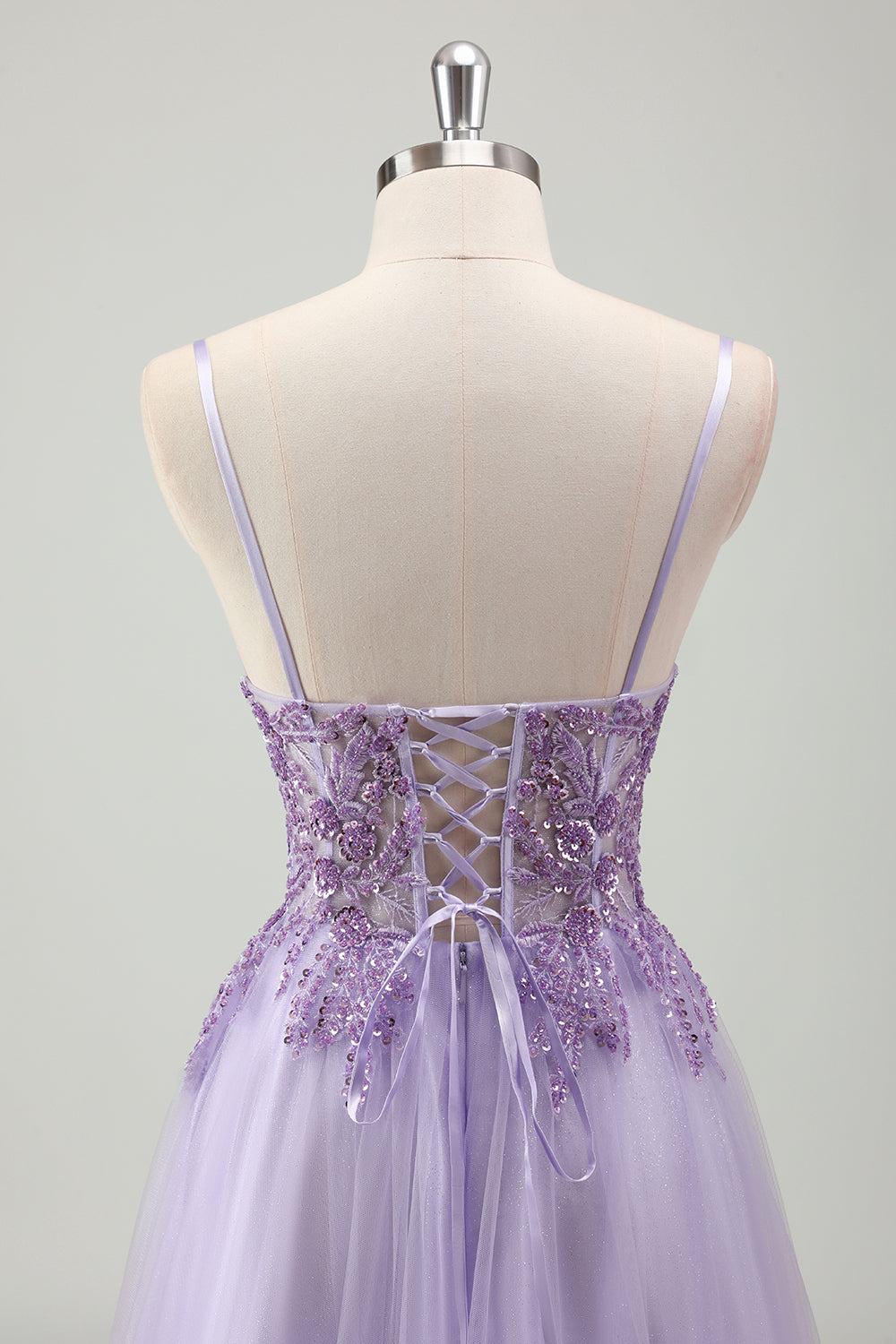 Sparkly Purple Spaghetti Strap Long Prom Dress with Lace