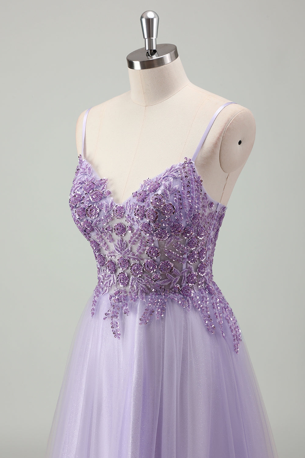 Sparkly Purple Spaghetti Strap Long Prom Dress with Lace
