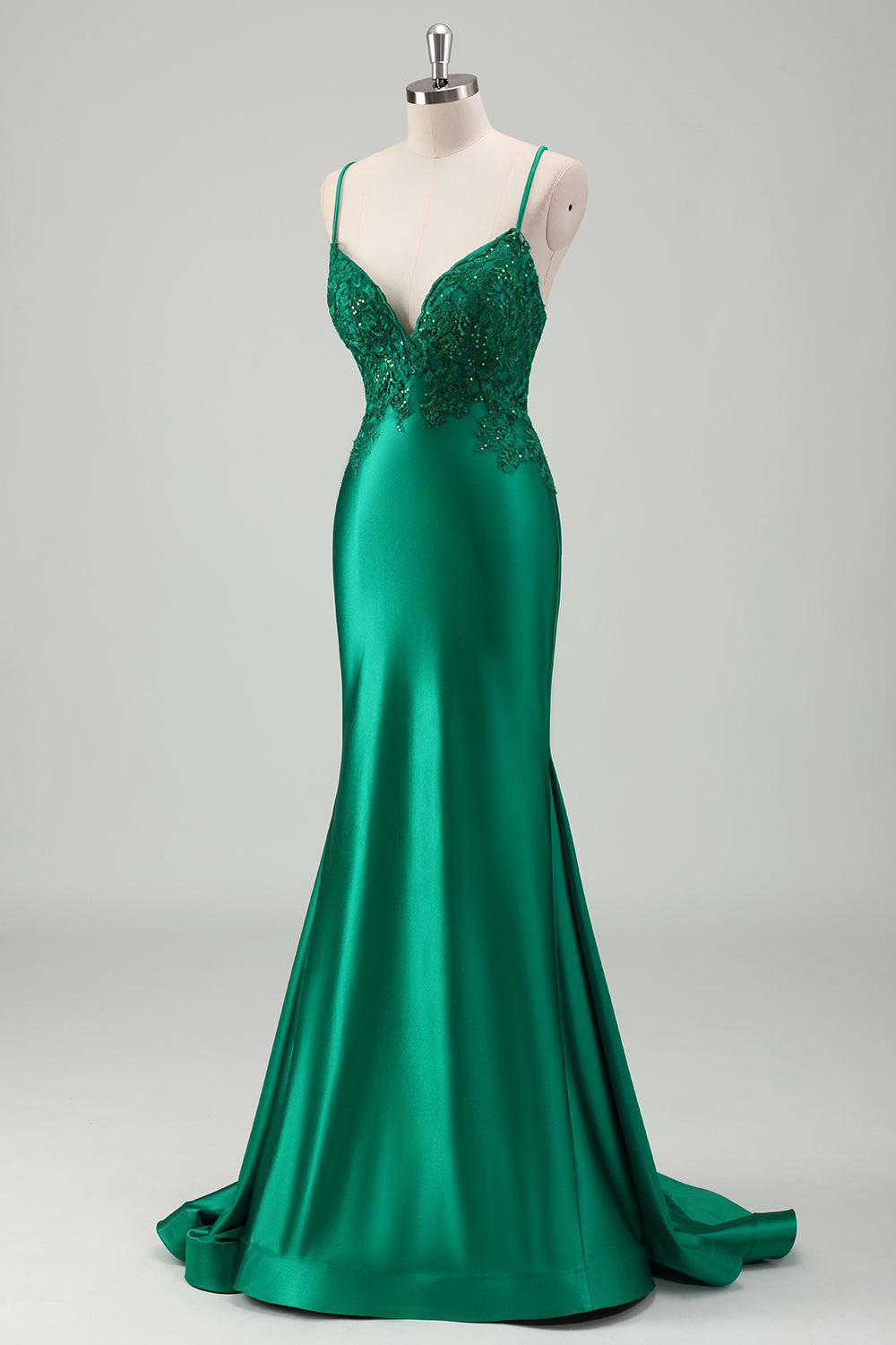 Green Spaghetti Straps Long Prom Dress with Lace